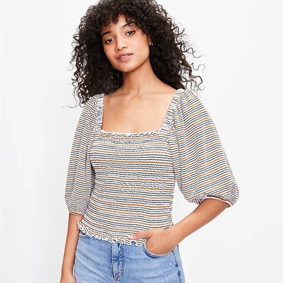 Loft Striped White and Brown Smocked Drape 3/4 Sleeve Cottagecore Blouse - Picture 1 of 7